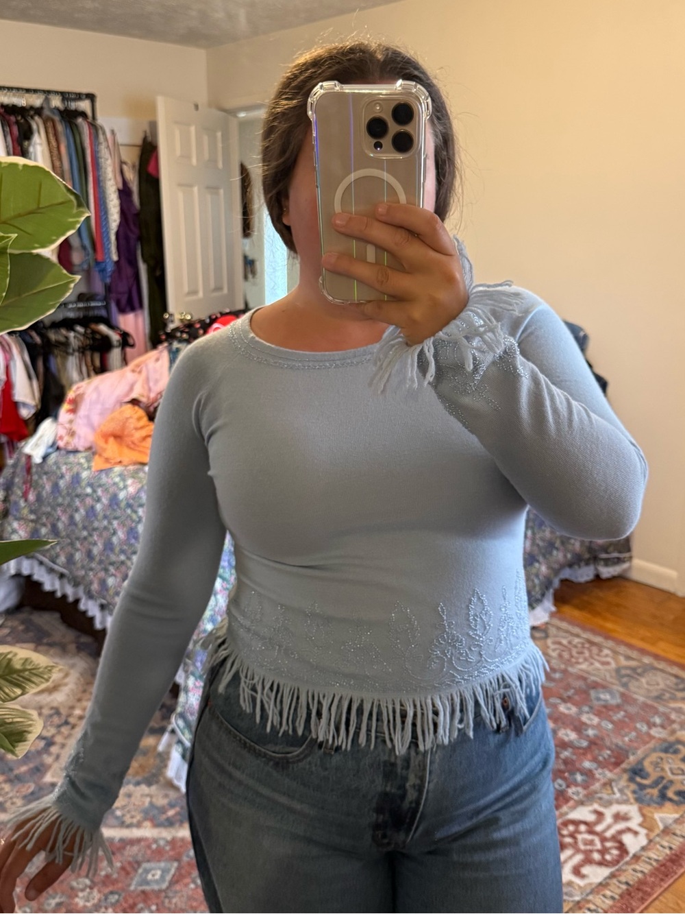 Vintage Oscar De La Rent-a blue knit & beaded sweater